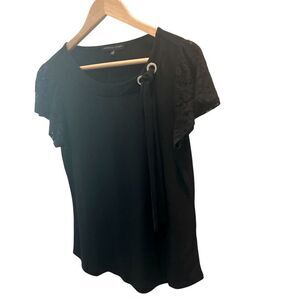 Adrienne Vittadini Black Lace Sleeve Blouse with Tie Detail Size Medium